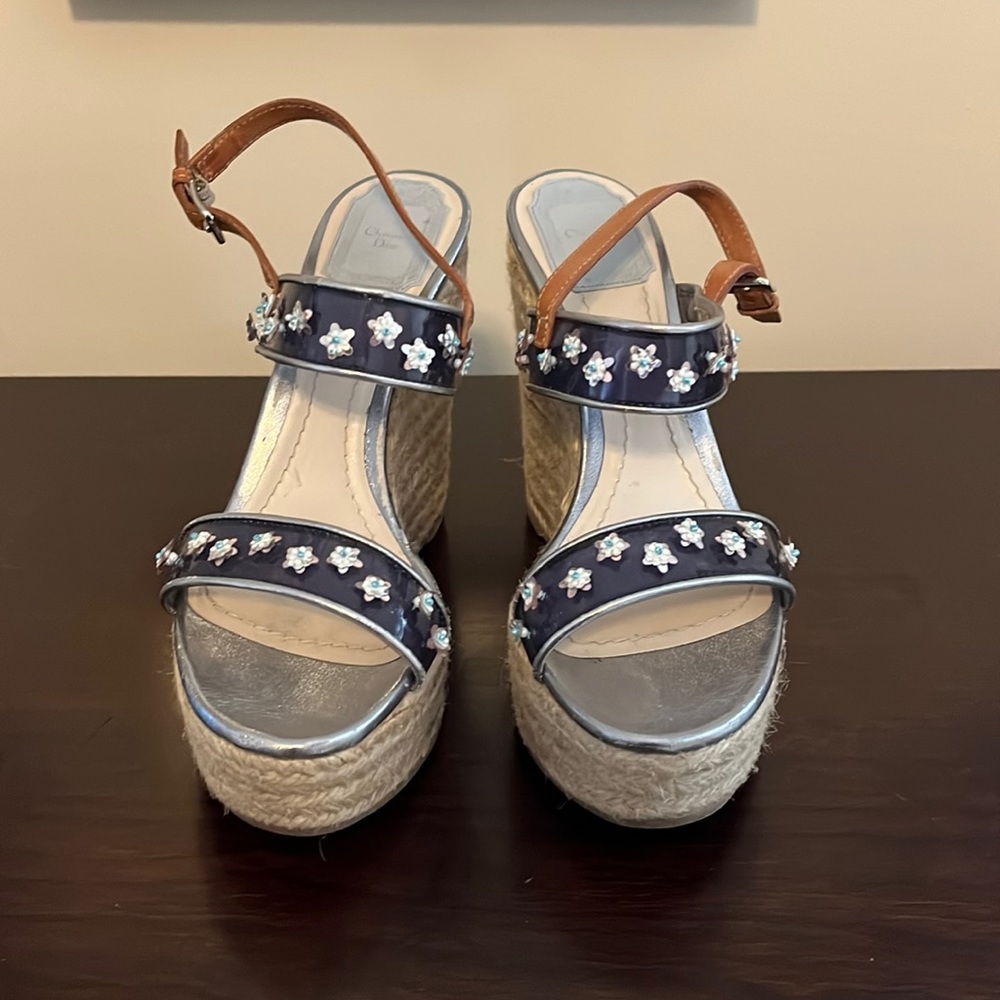 Christian Dior Floral Embellished Blue Wedges